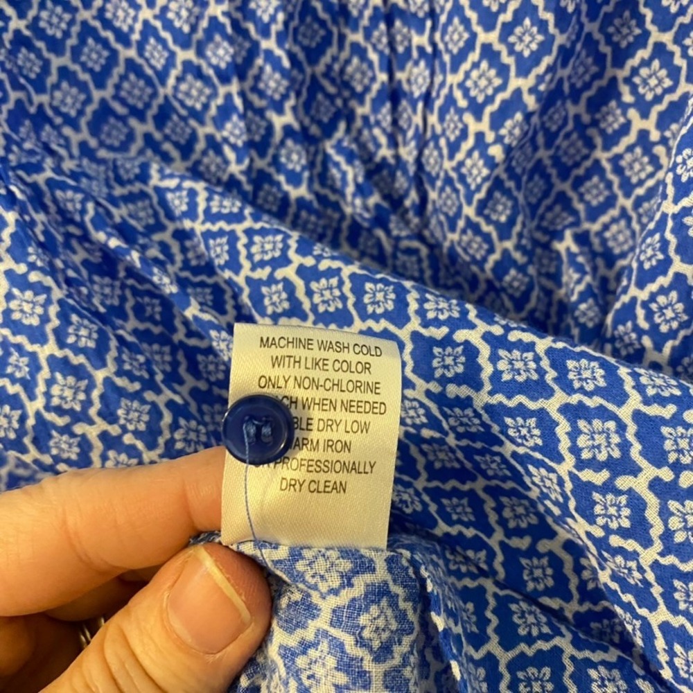 Hester & Orchard XL Blue White Geometric Cotton Roll Tab Pintuck Blouse Boho - Picture 9 of 15